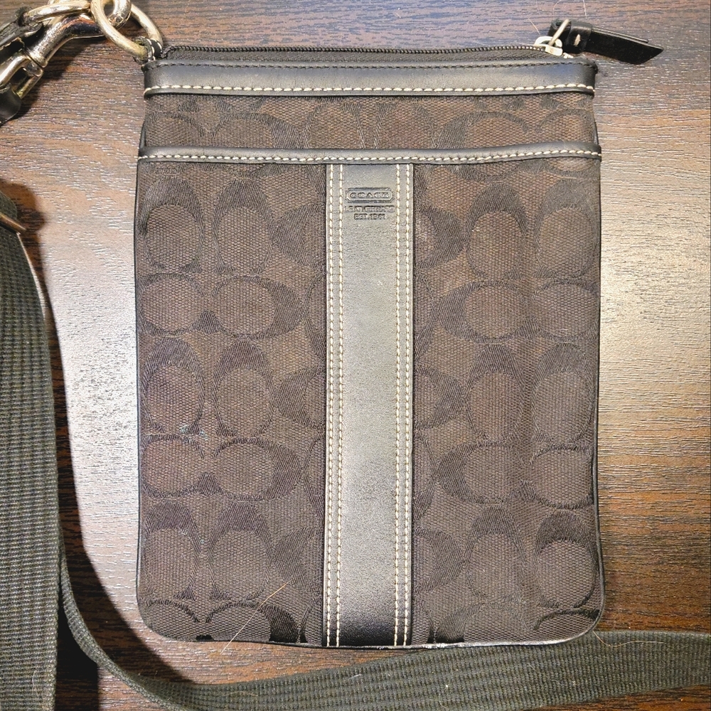Coach Black Leather and Signature Jacquard Fabric Cross-Body Handbag